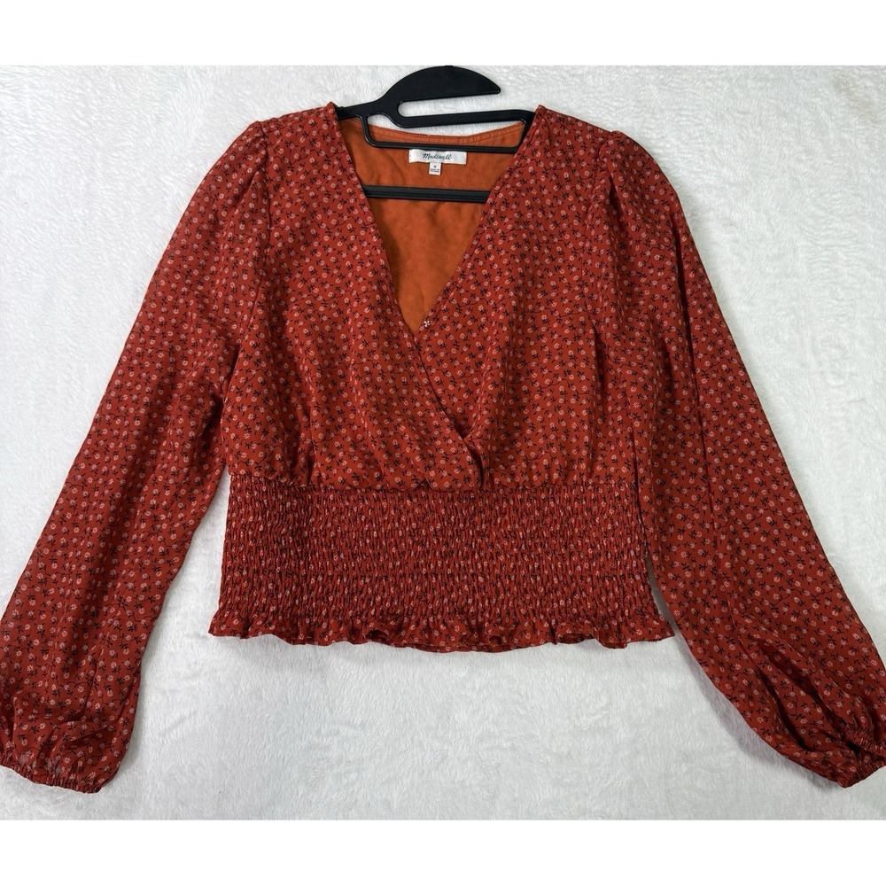 Madewell Women's Smocked Top Medium Julianne‎ Boho Cropped Balloon Sleeves